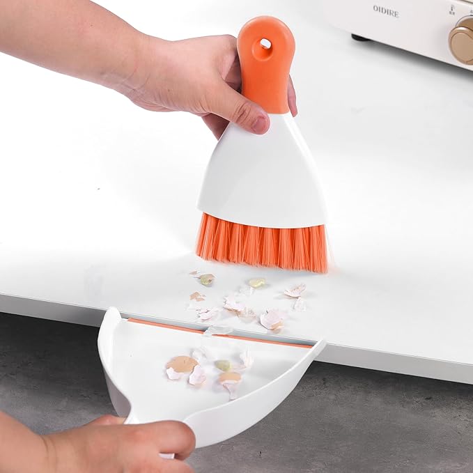 NACENA Mini Dustpan and Brush Set 2 Pack, Small Broom and Dustpan Set Dust Pan and Mini Hand Broom Dustpan and Broom Combo Compact for Home Table Keyboards Sofa Kitchen, Orange