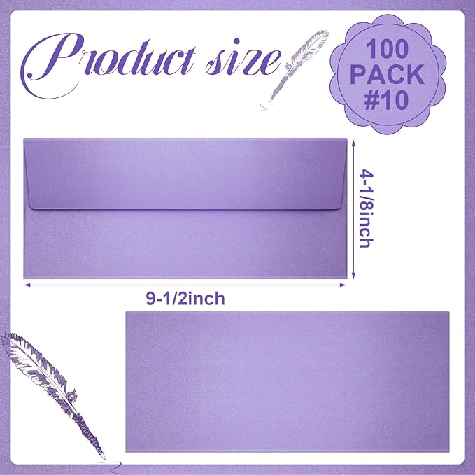 YooNotee 100 Count #10 Purple Metallic Business Envelopes, 80 lb, 4 1/8" x 9 1/2" Metallic Business Letter Size Envelopes, Peel & Press Square Flap, Printable for Professional Mailing and Office Use
