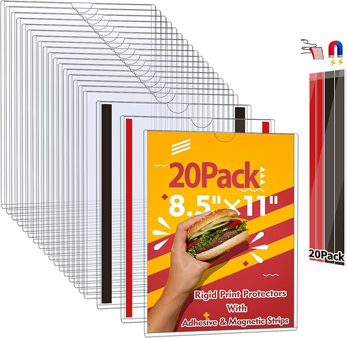 JR-MOV Magnetic Sign Holder 8.5 x 11 - Clear Plastic Frame for Refrigerator, Rigid Paper Holder for Picture Document, Adhesive Frames for Wall Window Door Sign 20 Pack