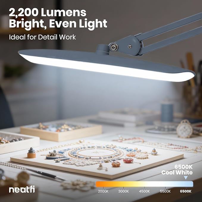 Neatfi XL 2,200 Lumens LED Desk Lamp with Clamp, 24 Watt Bright Architect Task Lamp, 20 Inches Dimmable Computer Light, Adjustable Desk Light for Home, Office, Crafts, Nails & Hobbies (Non-CCT, Gray)
