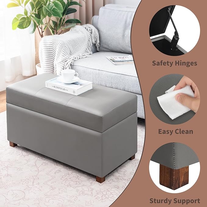 Joveco 32" Leather Storage Ottoman Bench, Rectangle Foot Rest Stool for Living Room, Bedroom, Entryway, Grey