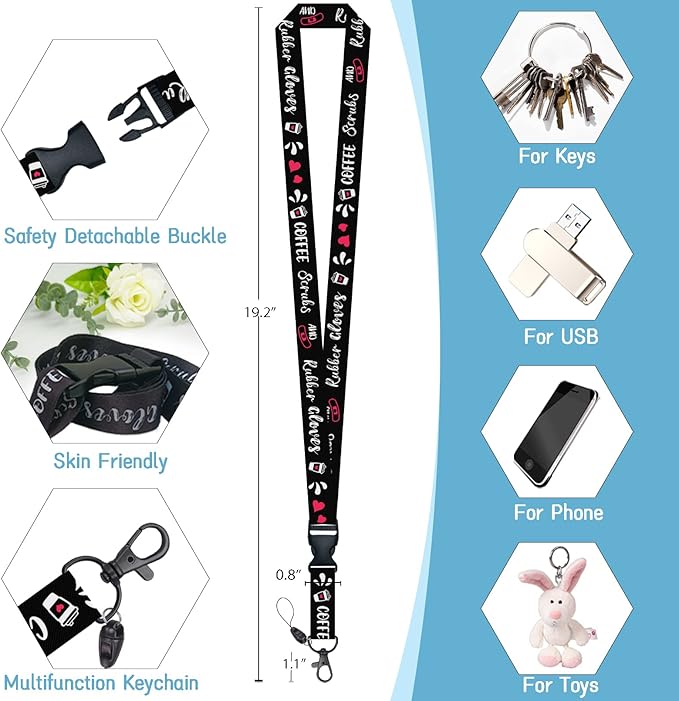 Funny Nurse Lanyards for ID Badges Name Tags ID Card Holder, ID Badge Holder with Breakaway Lanyard, Cute Badge Reel Badge Clip Retractable, Coffee Scrubs and Rubber Gloves (Black)