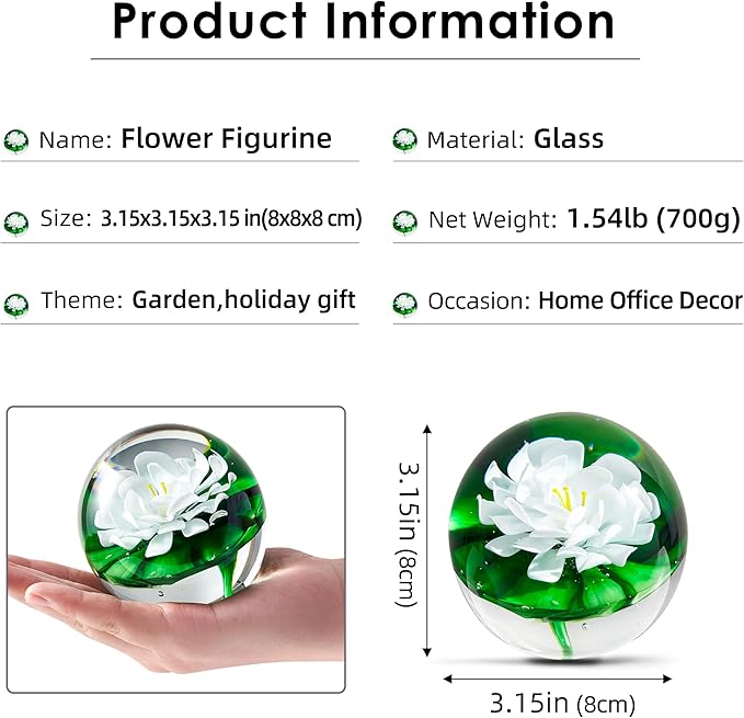 EUSTUMA Hand Blown Glass Flower Paperweight Figurine for Office Desk.Give You A Gift from The Person You Love, The Garden Decoration.(White Lotus Leaves)