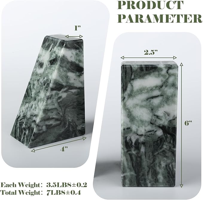 Karibiber Marble Bookends for Heavy Books, Decorative Bookends for Shelves, Green Stone Book Ends, Heavy-Duty Book Ends for Hardback Book & Cookbooks, Unique Book Stopper & Holder, Set of 2