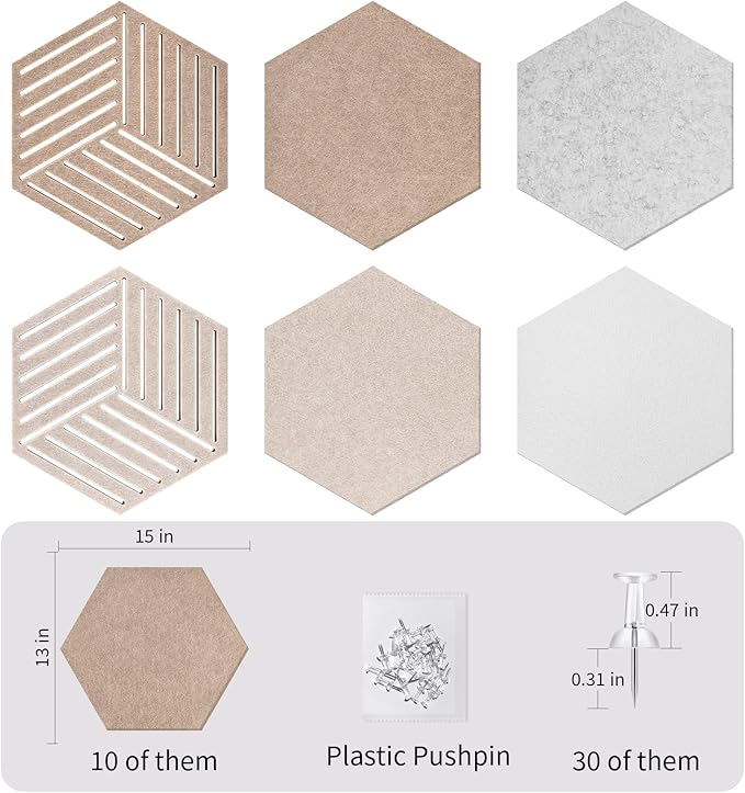 Fwpelt 15'' Large Hexagon Cork-Bulletin Board Tiles Adhesive Frameless 10 Pack 15 x 13 inch Hex Pin Corkboard Prayer Vision Cork Board for Office-Wall Decor, Hexagonal Tack Pinboard with 30 Push Pins