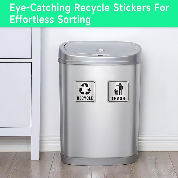 2PCS Recycle Stickers for Trash Bins, Self-Adhesive Waterproof Brushed Silver Trash and Recycling Stickers for Trash Can, Kitchen, Office, Garbage Bin Indoor, Outdoor Use