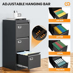 AFAIF 3 Drawer File Cabinet with Lock, Metal Filing Cabinets for Home Office, Vertical Black Locking File Caninet, Steel Narrow Three Drawer File Cabnet for Letter/Legal / A4 / B4- Assembly Required
