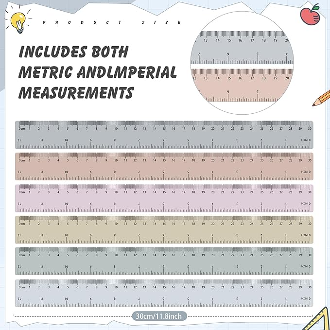 ForraFun 120 Pcs 12 Inch Plastic Ruler Bulk Colorful Transparent Ruler with Imperial and Metric Scales for Back School Office Supplies Home Tool Operation Measuring Drawing(Morandi Color)