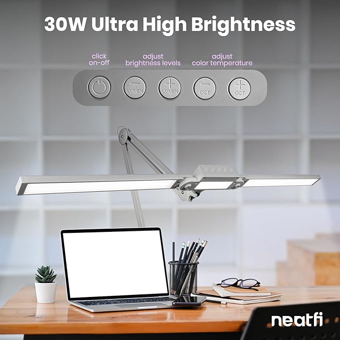 Neatfi LED Desk Lamp, Dimmable Desk Light with 360 SMD LEDs, 30W, CRI 95, Adjustable Color Temperature, Task Lamp for Home, Office, and Workbench (CCT, Silver, 41 Inches)