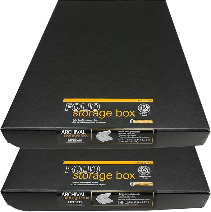 Lineco Folio Storage Box, Clamshell Design with Metal Edge. 13.5x19.5x1.75 Inches, Archival Boxboard, Preserve Photos, Cards, Magazines, Documents, Art, Ephemera, Family Records, Black, Pack of 2