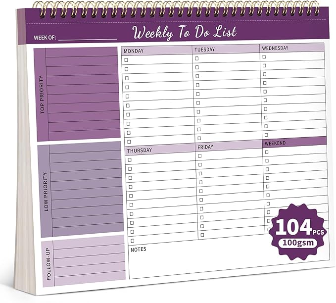 ALKALO Weekly To Do List Notepad, 52 Undated Sheets （8.5"×11") Duplex-Printed Weekly Desk Planner For Work Home School Office Desk Accessories Supplies & Goal Setting Tasks - Purple