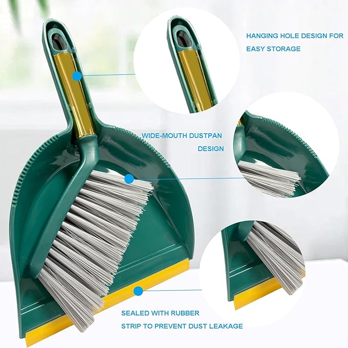 BSMstone Small Broom with Dustpan Combo Set Mini Broom and Brush Set Hand Sweeper for Cleaning Desk Office Kitchen Pet Nest (Green)