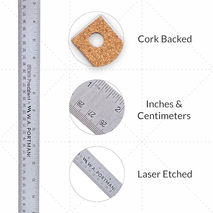Breman Precision Metal Ruler 18 Inch Cork Back – 2 Pk Stainless Steel Straight Edge, Flexible Non-Slip Metal Ruler with Cork Backing – Imperial & Metric for Crafting, School, Workshop & Home Use