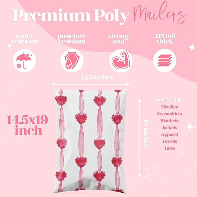 Pretty Package Store 14.5x19 Designer Poly Mailer 100 Pack Heavy Duty Waterproof Self Seal Shipping Bags for Small Business Large Mailing Envelopes Bulk Tear Resistant Packaging Valentine Heart