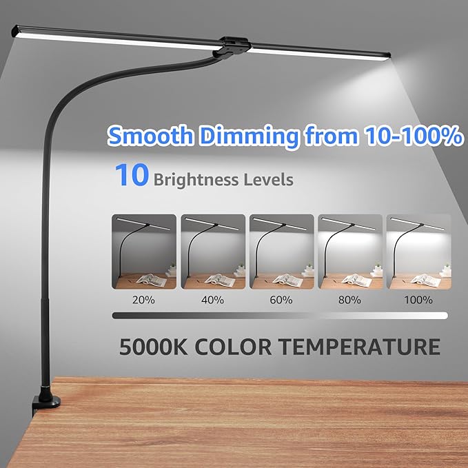 ShineTech LED Desk Lamp for Home Office, 5000K Bright Double Head Architect Task Lamps with Clamp, Dimmable Adjustable Flexible, Black
