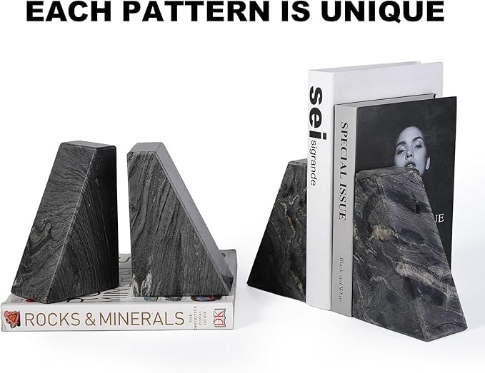 Karibiber Marble Bookends for Heavy Books, Decorative Book Ends for Shelves, Titanium Black Stone Durable and Heavy-Duty Book Ends for Hardback Books & CDS, Unique Book Stopper & Holder, Set of 2