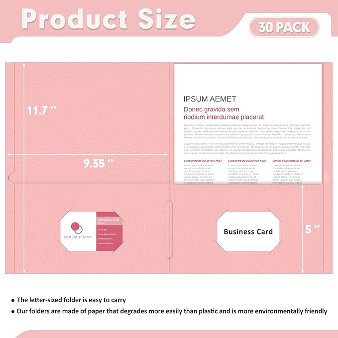 Two Pocket Folders, PANDRI 30 Pack 2 Pocket Folders, Letter Size Paper File Folder for School Office Home Business, Pink