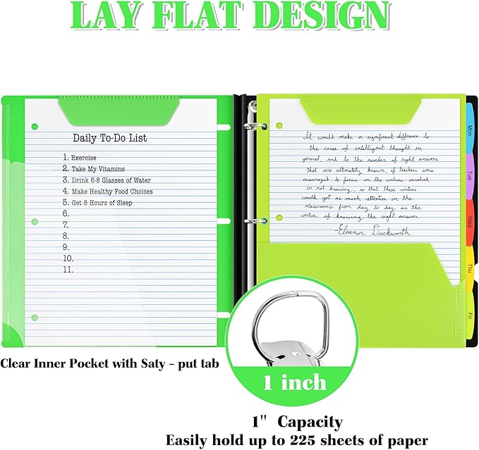 INFUN 1 Inch Telescoping 3 Ring Binder - 1PCS,Flexible Round Binder with Customizable Front Cover and Clear Catalog Pocket, 1 Inch Rings, 225 Sheet Capacity- Green