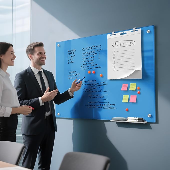 MaxGear Glass Whiteboard, Tempered Magnetic Dry Erase Board Blue, Frameless Wall Mounted, Office Classroom Conference Room Home Use, Includes Markers, Eraser, Magnets & Mounting Kit