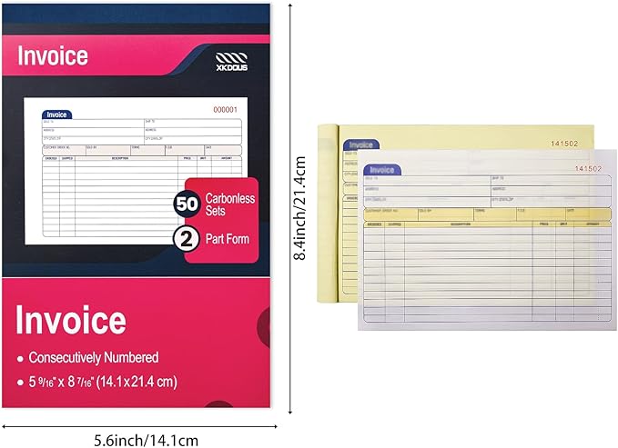 XKDOUS 5 Pack Invoice Receipt Book, 2-Part Carbonless, 5-9/16" x 8-7/16" Invoice Book for Small Business, 50 Sets per Book