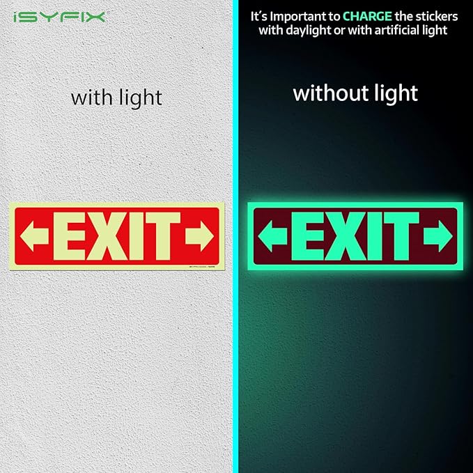 iSYFIX Exit Stickers Signs with Directional Right & Left Arrow 2 Pack 12x4 Inch - Glow in the Dark Photoluminescent Vinyl for Office, School, Business, Warehouse - UV & Weather Resistant for Indoor/Outdoor Use
