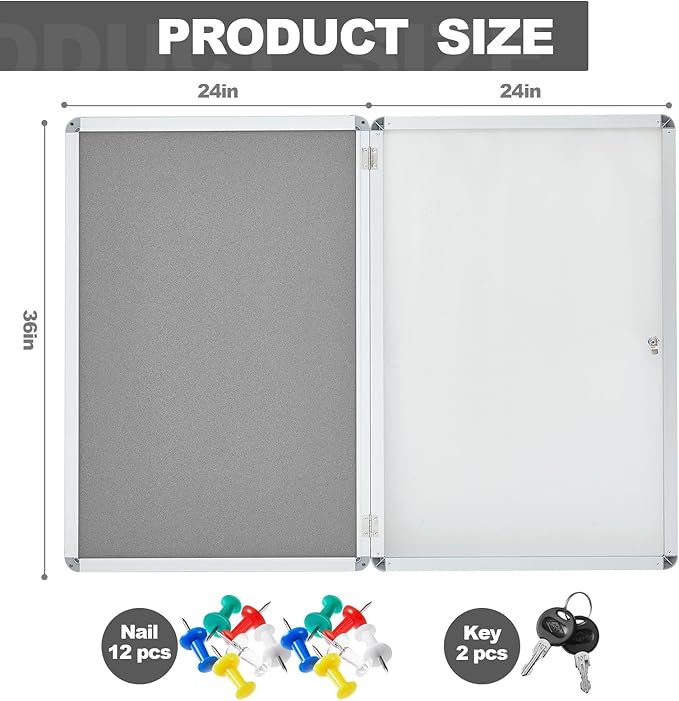 Geetery 36 x 24 Inch Enclosed Bulletin Board with Locking Door Fabric Cork Outdoor Bulletin Board Lockable Display Case, Tamperproof Aluminium Frame Noticeboard Wall-Mounted for School, Office (Gray)