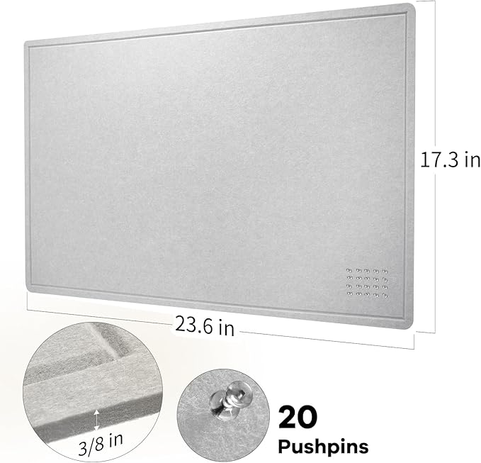 Lightomorrow Bulletin Board, 24 x 18 inches Felt Board Decorative Pin Board, Cork Board Alternative for Wall, Foldable Photo Board Self-Adhesive Vision Board Mood Board with 20 Pushpins - Light Gray