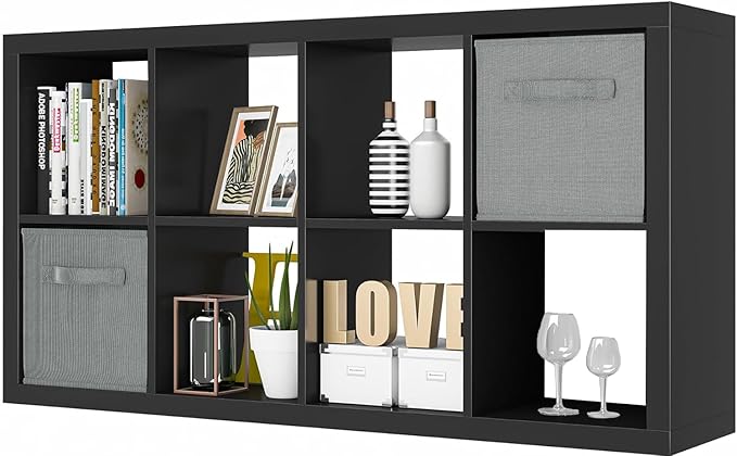 furtble Bookshelf with Storage Bins, 8-Cube Storage Organizer, Modern Wood Open Bookcase, Multifunctional Display Shelf for Living Room, Bedroom, Home Office, Matte Black
