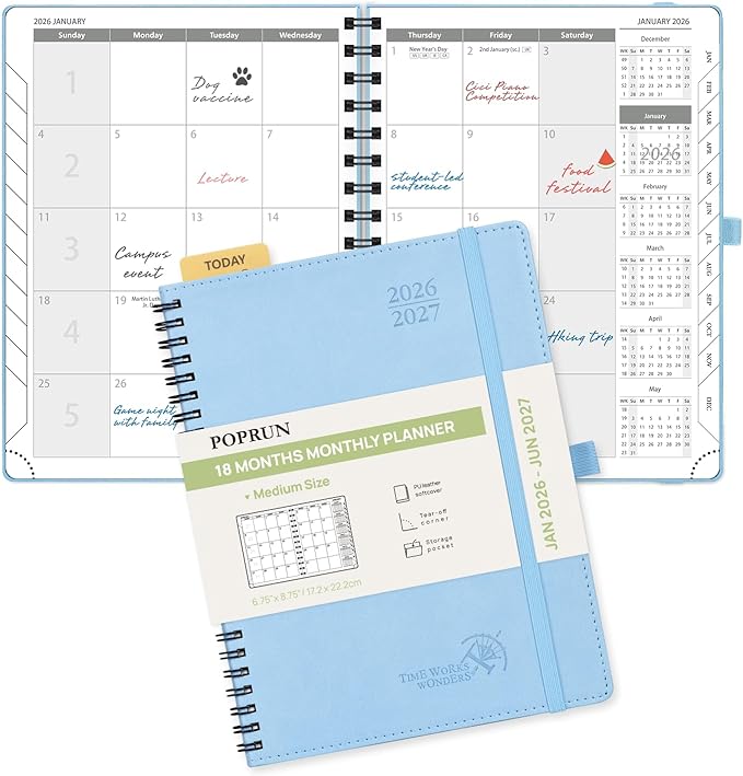 POPRUN Monthly Planner 2026-2027 (Medium 6.5" x 8.5") 18 Months Calendar Book(Jan 2026 - Jun 2027) - 4 Pages per Month with Expense & Notes, Stair-like tabs, Leather Cover, Sunday Start - Blue