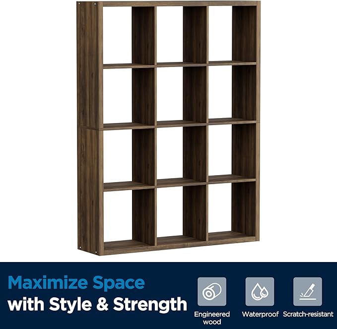 Jpiziso 12-Cube Storage Organizer, Wooden Cube Shelf Bookcase with Reinforced Thick Shelves, Heavy-Duty 36.93" L x 9.37" W x 48.82" H, for Living Room Bedroom Home Office, Brown