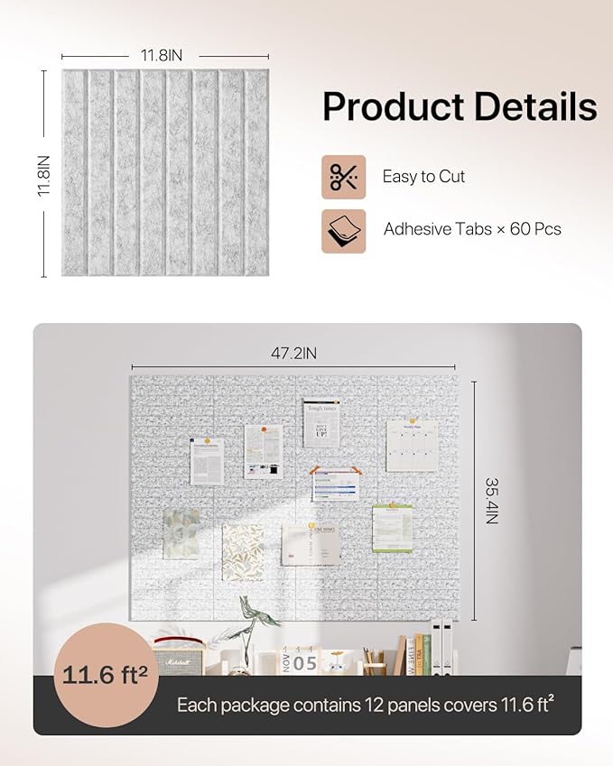 Soundsbay Large Cork Board, 47"x35" Slat Bulletin Board Alternative, 12-Pack Cork Boards for Walls, 60 Adhesive Tabs, Felt Wall Tiles for Home Office Classroom Pin Board