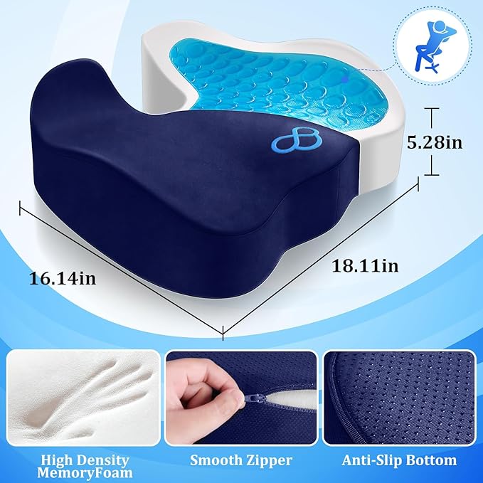 CushyOasis Seat Cushion, Gel Chair Cushions, Office Chair Cushions, Anti-Slip Bottom & Removable Cover Tailbone Pain Relief Cushion, Memory Foam Seat Cushion, 5.28 in Thick (Blue)
