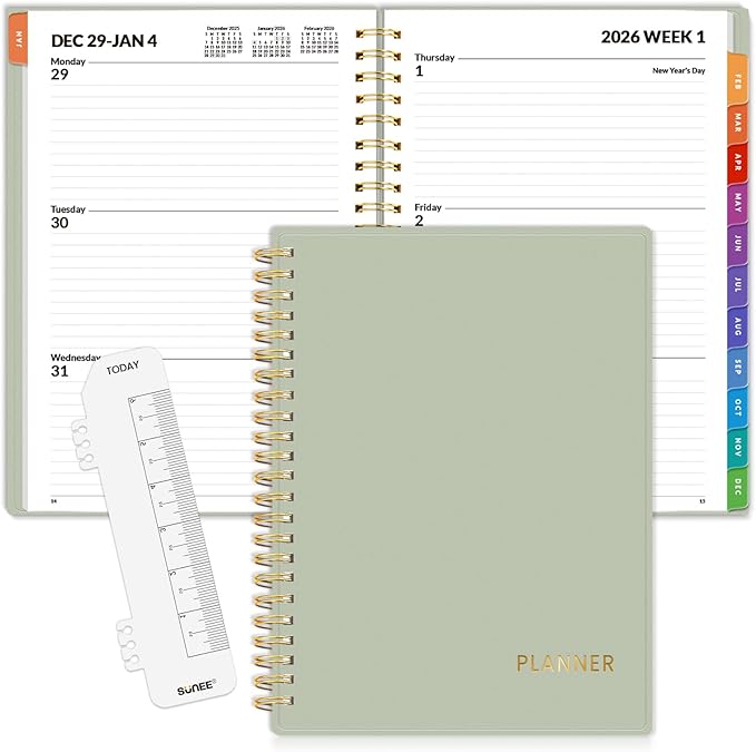 SUNEE 2026 Weekly and Monthly Planner - from January 2026 - December 2026, Daily Agenda Planner with Monthly Tab, Flexible Cover, Note Pages, Pockets, Bookmark, Spiral Binding, Sage Green, 6.4" x 8.3"
