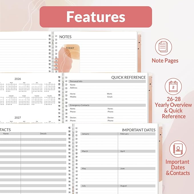 SUNEE 2026 Appointment Book, 2026 Hourly Planner 8.5" x 11", Hourly, Weekly & Monthly Planner - from January 2026 - December 2026, Flexible Cover, Note Page, Pocket, Bookmark, Boho