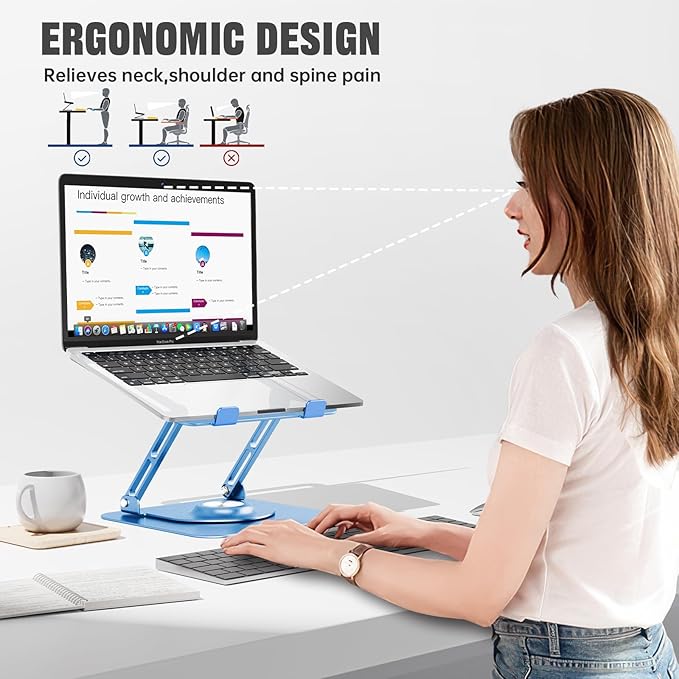 JOYEKY Laptop Stand for Desk, Adjustable Computer Stand with 360° Rotating Base, Ergonomic Laptop Riser for Collaborative Work, Foldable & Portable Laptop Stand, fits for All 10-16" Laptops (Blue)