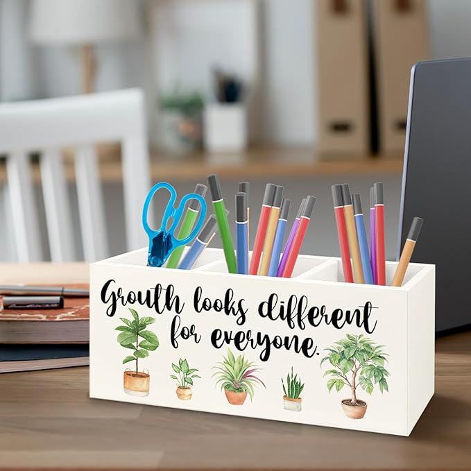 URLLUAE Growth Looks Different for Everyone Mental Health Growth Mindset Wooden Pen Pencil Holder for Classroom Therapy Office Desk Accessories, Back to School Supplies Gifts for Students