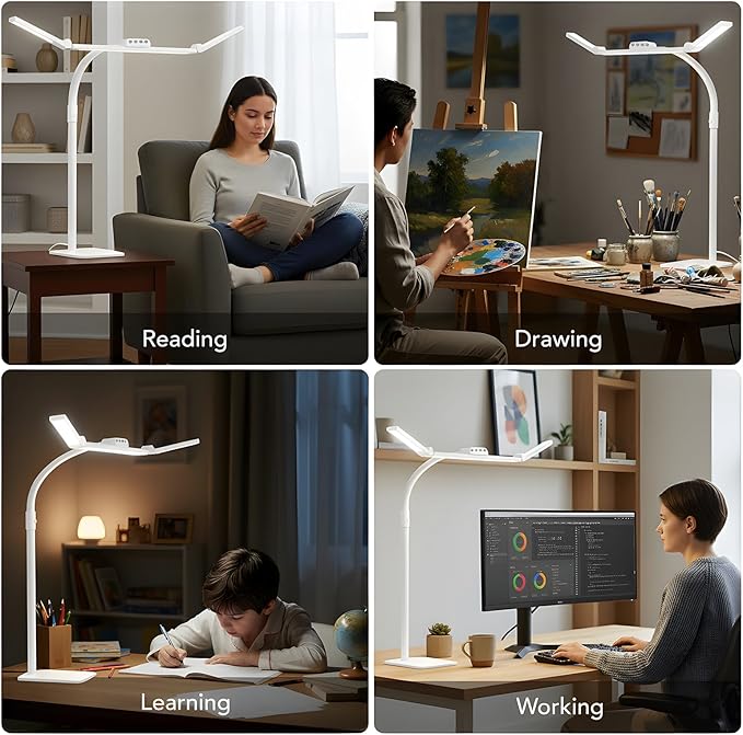 Galnolt LED Desk Lamp for Home Office with Base, 28.2" Adjustable Gooseneck Swing Arm Bright Desk Light, Dimmable Architect Table Lamp for Desktop Computer Light, Reading, Study, Workbench（White）