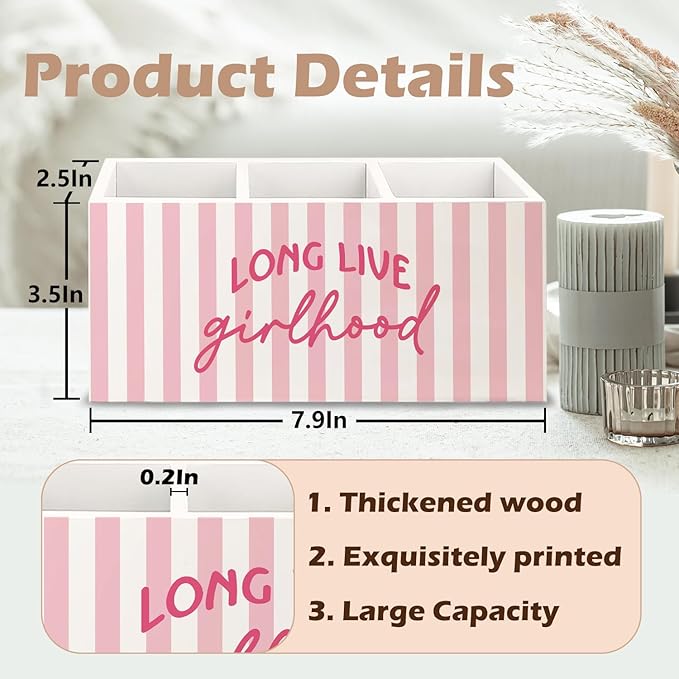 URLLUAE Pink Preppy Long Live Girlhood Wooden Pen Pencil Holder for Desk Accessories, Preppy Girly Desk Decor, Feminine Aesthetic Makeup Brush Toothbrush Holder Organizer for Girls Room Bathroom