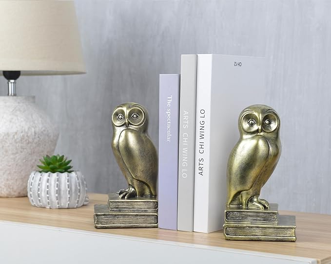 Kakizzy Vintage Gold Owl Bookends,Resin Animal Decorative Book Ends for Shelves,Book Holder with Anti-Slip Base,Luxurious Bird Bookends for Kids Rooms Office Home Decor,Unique Book Lover Gift