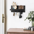 Lwenki Decorative Key Holder for Wall with Shelf, Entryway Shelf with Hooks Holds Leashes, Jackets and Glasses – Sturdy Wood Keyholder Entrance Hanger with Mounting Hardware (Black, Medium)