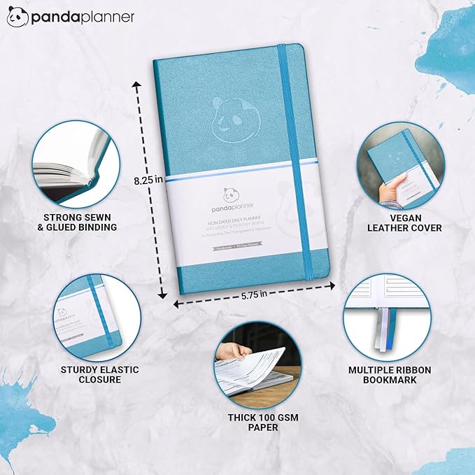 Panda Planner Classic A5 Daily Planner 2026 – Undated Daily Monthly & Quarterly Planner with Hourly Schedule, To Do List, Goal Planner, Habit Tracker, Gratitude Journal & Productivity Organizer – Cyan Blue