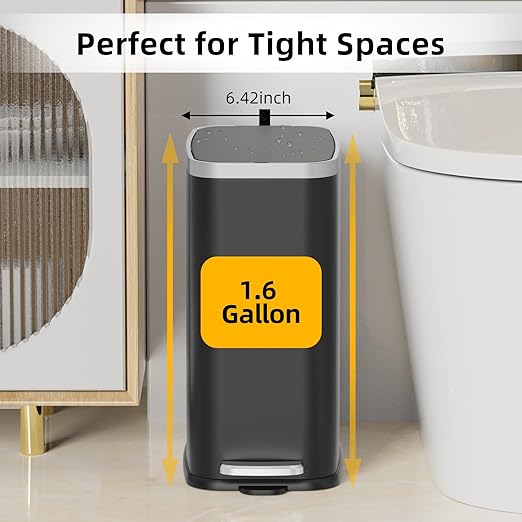 KdbK Stainless Steel Bathroom Trash Can with Lid Soft Close,1.6 Gallon Slim Garbage can,Small Metal Step Wastebasket for Office, Bedroom, Toilet, Black