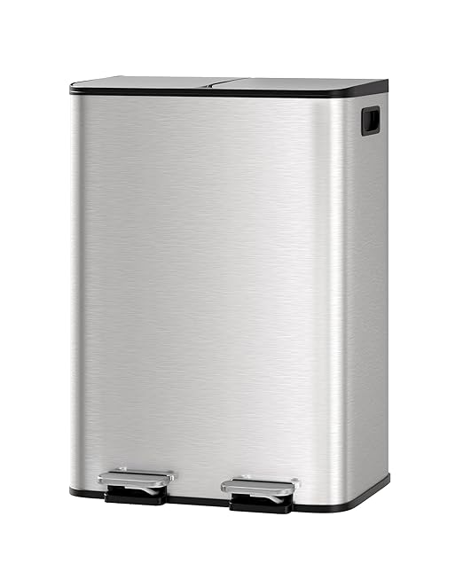 CABIHOME 2 x 8 Gal Stainless Steel Trash Can - Matte Black Dual Trash & Recycle Bin with Step-on Lid, PP Inner Buckets & Liner Rim for Kitchen