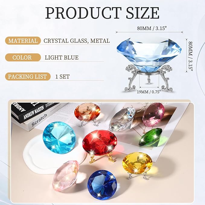 PATIKIL Diamond Crystal Paperweight, 80mm / 3.15" Crystal Paperweight Paper Weight with Silver 19 Metal Base for Home Office Desktop Table Decor Wedding Party Ornaments, Light Blue