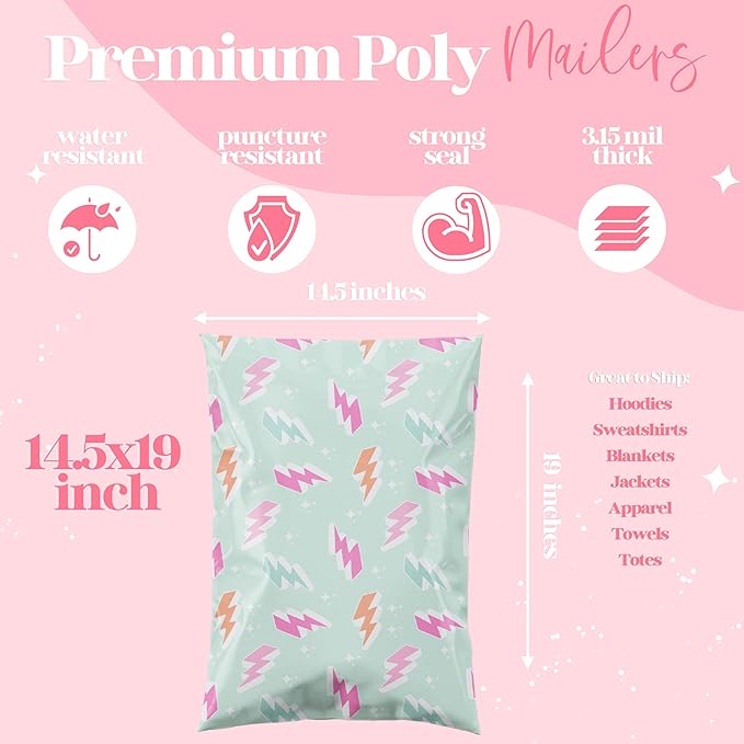 Pretty Package Store 10x13 Designer Poly Mailer 100 Pack Heavy Duty Waterproof Self Seal Shipping Bags for Small Business Large Mailing Envelopes Bulk Tear Resistant Cute Packaging Lightning Bolt