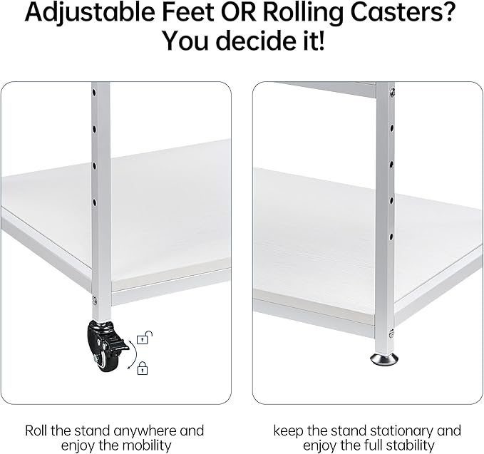 Fannova White Printer Stand, 23.6 x18.9 x 30 Inches Big Size Printer Table with Adjustable Shelf, 3 Tier Rolling Printer Cart with Wheels for Home Office Storage and Organization