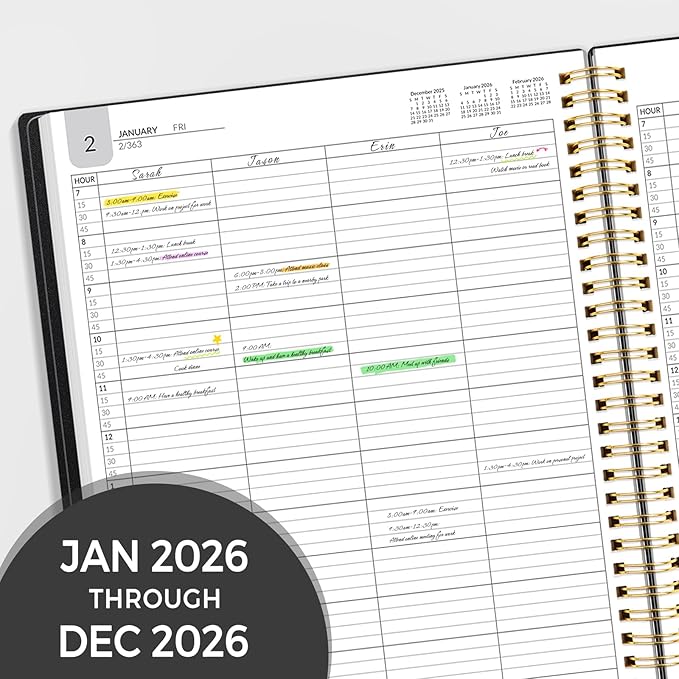 SUNEE 2026 Daily Planner, 4-Person Group Appointment Book with Quarter-Hourly Layout. Weekly & One-Page-Per-Day Format, Jan to Dec 2026, 8.5"x11",Weekly Planner, Flexible Cover, Note Pages, Bookmark, Black