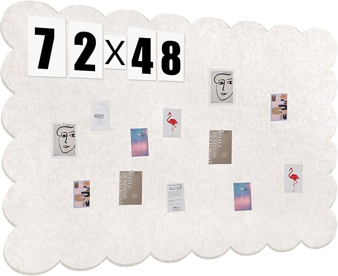 Mooliwe Scalloped Felt Bulletin Board 72 x 48 Inches Foldable Beige Pin Cork Board Alternative for Wall, 6' x 4' Trifold Picture Vision Self Adhesive Bulletin Decorative