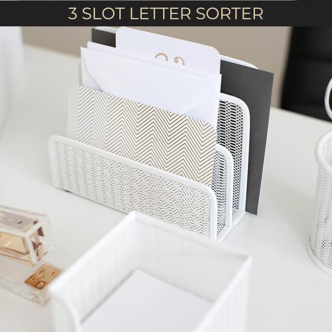 BLU MONACO White Metal Mesh Letter Sorter | 3-Slot Mail Organizer for Desk, Office & Home | Vertical File & Envelope Holder | Modern Mail Sorter for Documents, Bills & Files