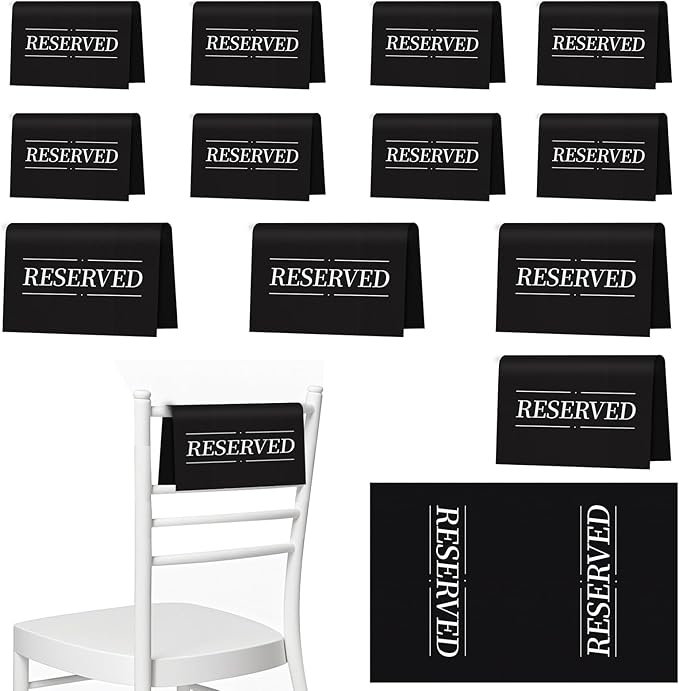 12 Pcs Reserved Seating Signs Reserved Chair Sign Printed Placeholder for Church Pew, Wedding, Party Events (Black, 12 Pcs)